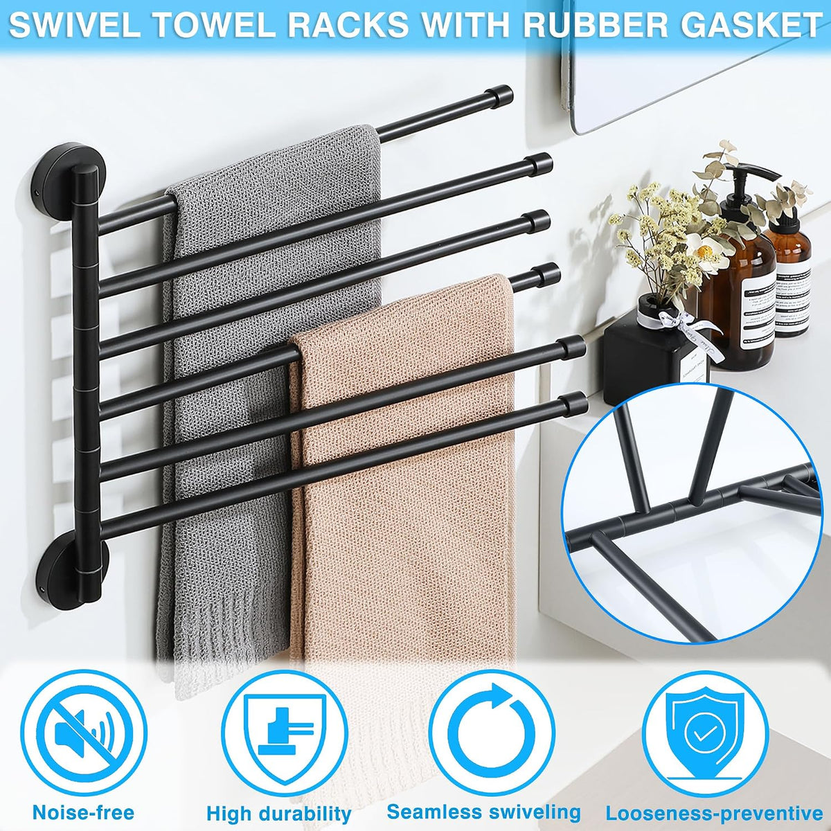 Alise Swivel Towel Rack 13.9", 6 Arm Swing Out Towel Bar, Matte Black