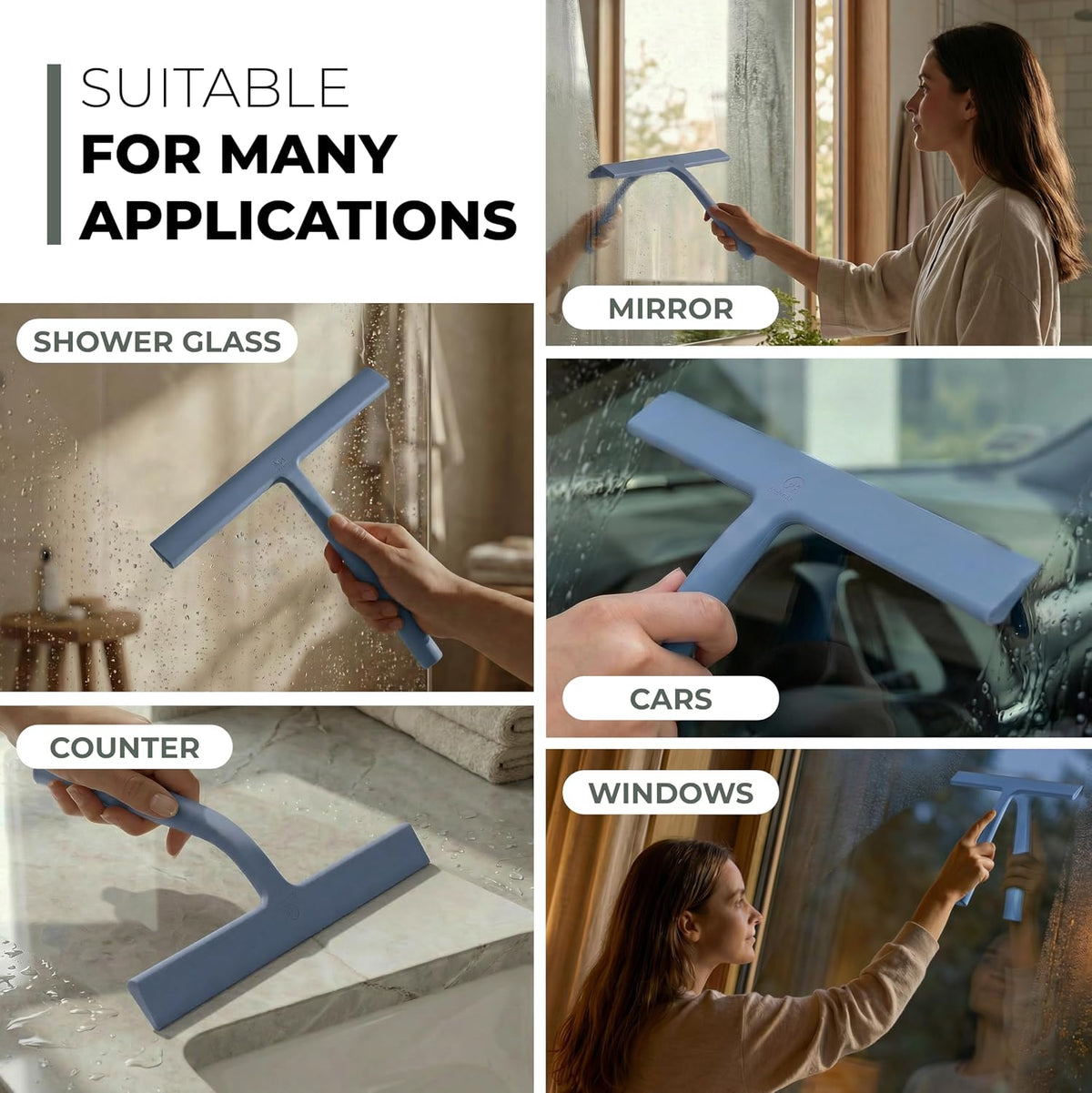 GÜTEWERK Silicone Shower Squeegee with 3-in-1 No-Drill Mount, Blue, 11''