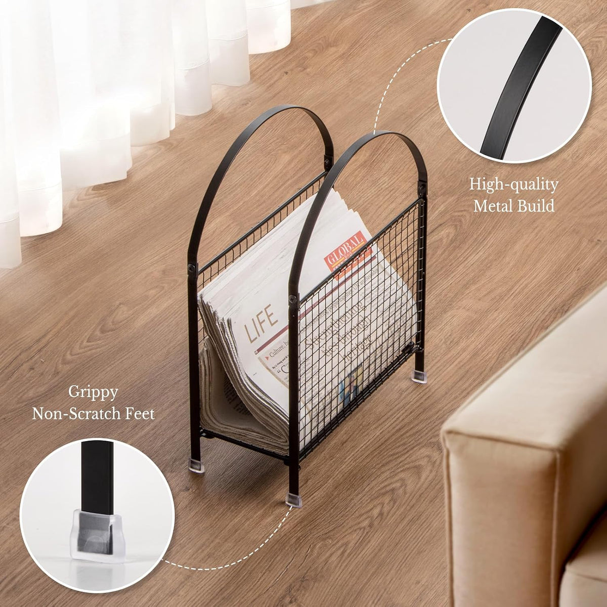 PUERSI Freestanding Magazine Holder, Metal Magazine Rack Floor Stand