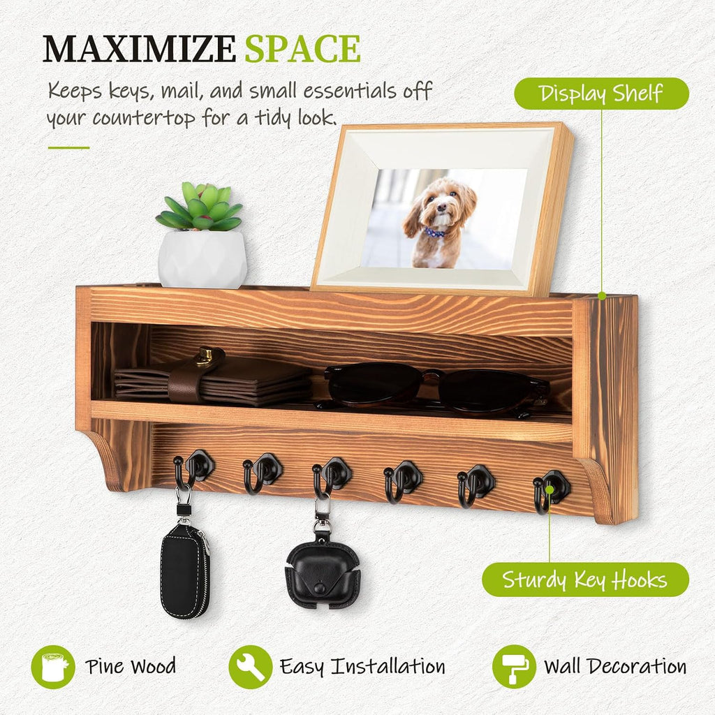 Nekon Key Holder Wall Mount, Pine Wooden Mail Organizer, Light Brown