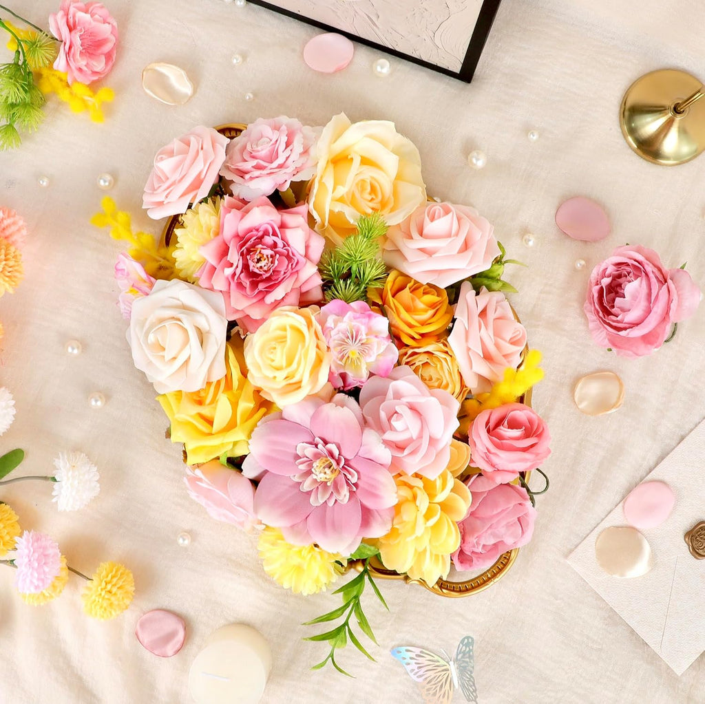 Pink and Yellow Artificial Flowers, Fake Rose Silk Flower for Centerpieces Pastel Flowers for DIY Wedding Bridal Bouquet Baby Shower Birthday Party Home Decorations