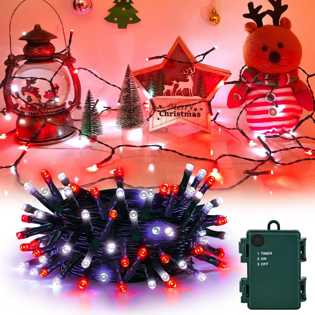 cshare Red and White Christmas Lights Battery Operated Outdoor Waterproof, Christmas String Lights with Timer 16.4ft 50LED Christmas Decorations Garland Party Garden
