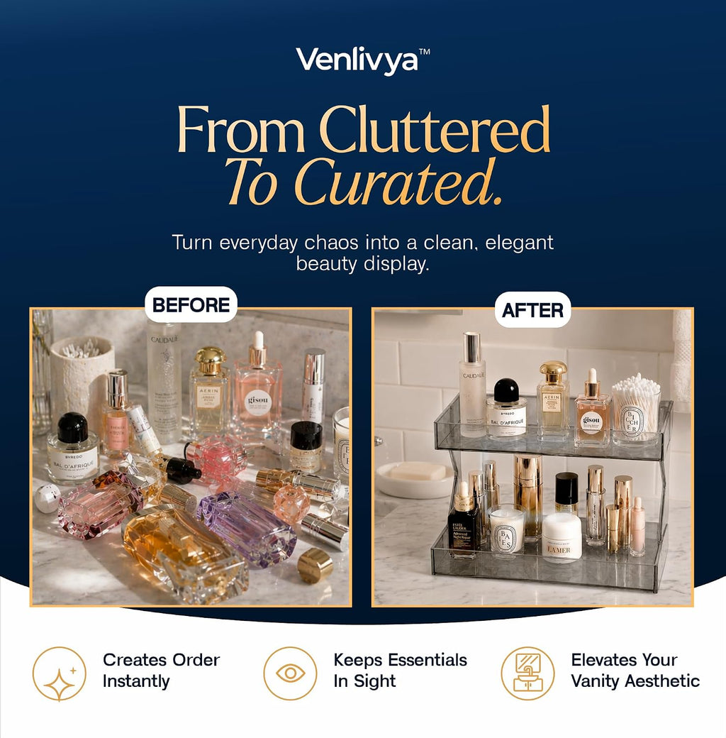 Perfume Organizer for Vanity, Premium Clear Acrylic Makeup Organizer Countertop with Non-Slip Trays, Easy 30-Second Assembly, organizador de maquillaje (Dark Diamond)