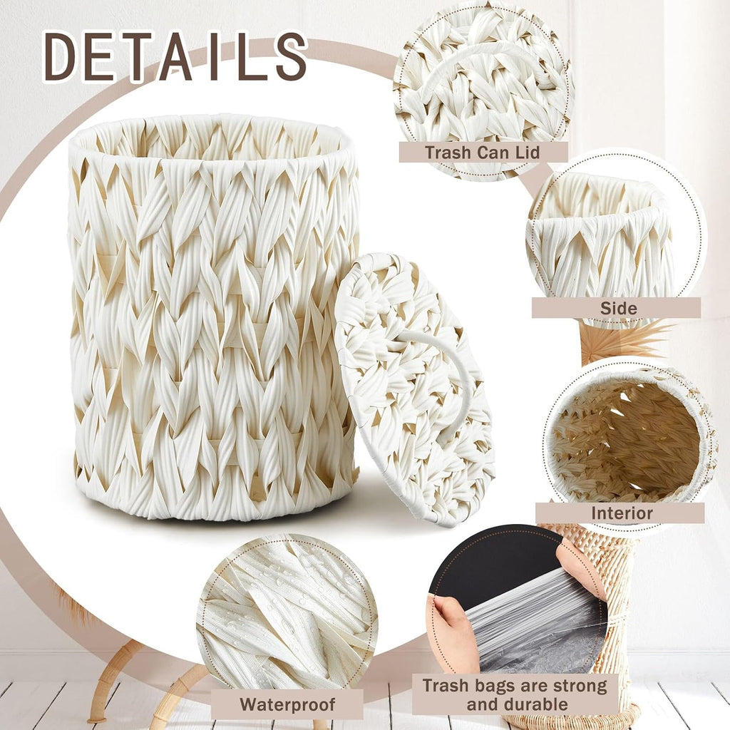 Ctosree 1.3 Gal Boho Woven Trash Can with Lid, Cream White