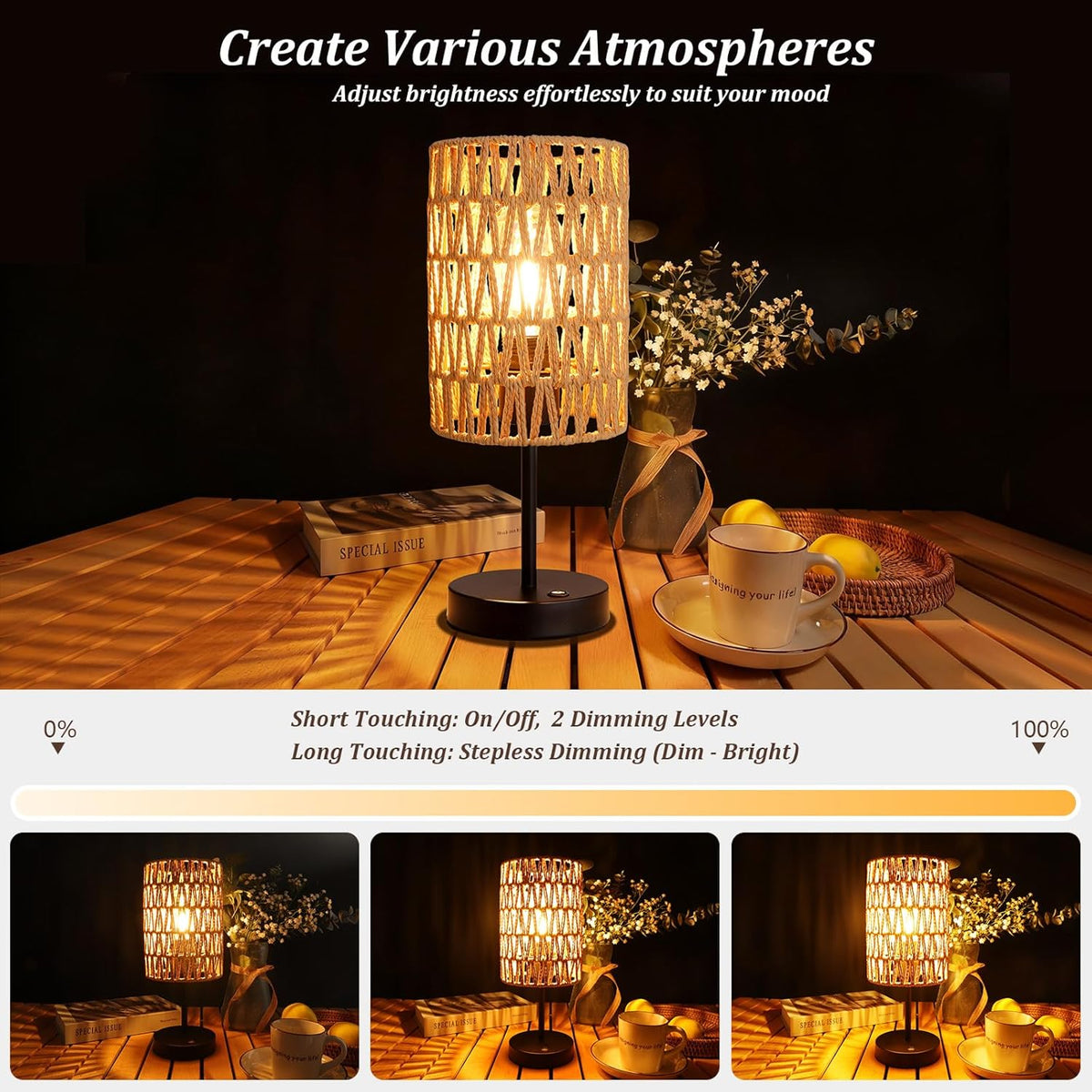 Rechargeable Outdoor Table Lamps, Rattan Boho Cordless Battery Operated Table Lamps, Patio Lamp for Living Room, Balcony, Bedside Decor- Set of 2 (Beige)