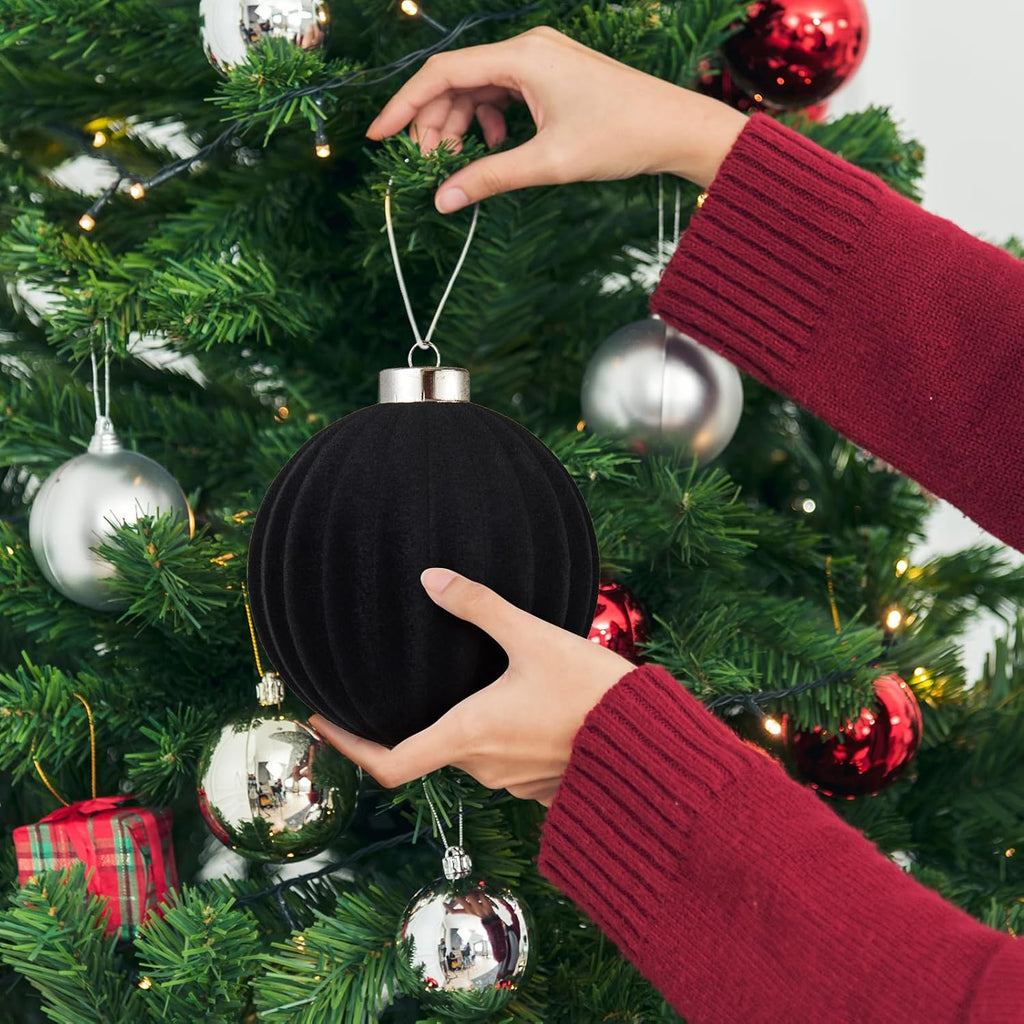 Large Velvet Christmas Ball Ornaments - 4 Inch Flocked Christmas Balls Shatterproof Decorative Hanging Ornaments Set for Xmas Tree Holiday Wedding Party Decor (Black, 4pcs)