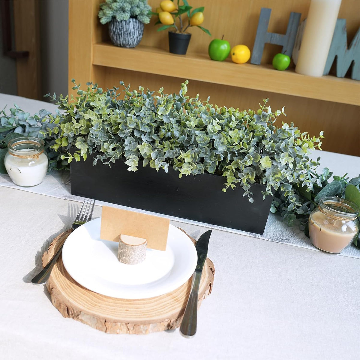 Winlyn 14" Artificial Eucalyptus Arrangement Faux Eucalyptus Plants in Black Rectangular Wooden Planter Box Artificial Potted Plant for Farmhouse Home Wedding Table Centerpiece Shelf Greenery Décor