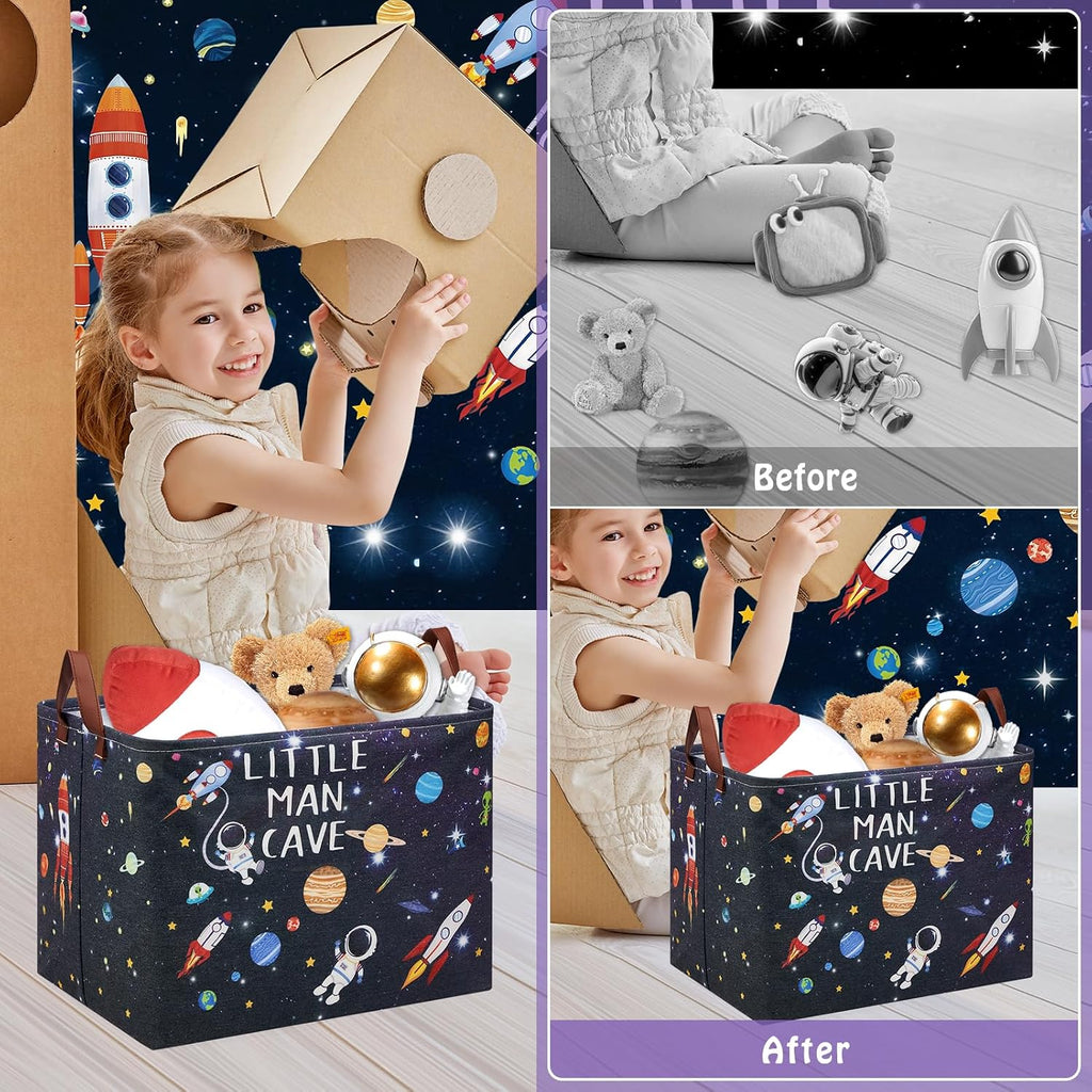 Outer Space Room Decor Basket, Astronaut Storage Basket with Inspirational Quotes,Planets Boy Room Decor Shelf Hamper ,Rectangular Clothes Book Toy Storage Bin (Black)