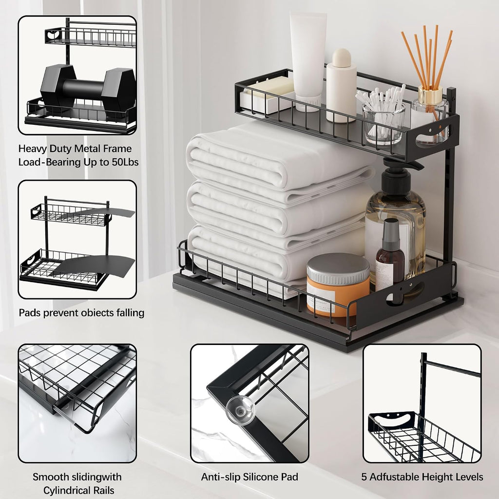 Under Sink Organizer with Pull-Out Drawers,Kitchen Sink Organizer,2 Tier Bathroom Organizers And Storage,Bathroom Accessories Set,Black 2 Pack