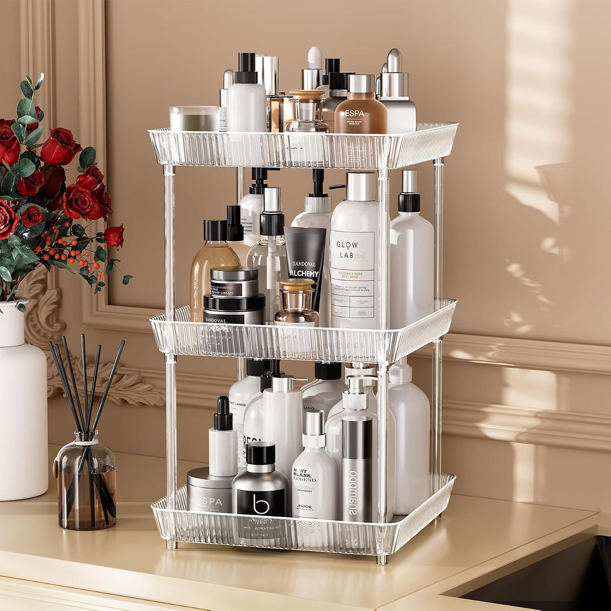 2 Tier Lazy Susan Bathroom Countertop Organizer, 360° Clear Rotating Square Storage Tray, Cosmetics and Perfume Organizer, Spinning Storage Tray Vanity Organizer Shelf for Bathroom Cabinet, Kitchen