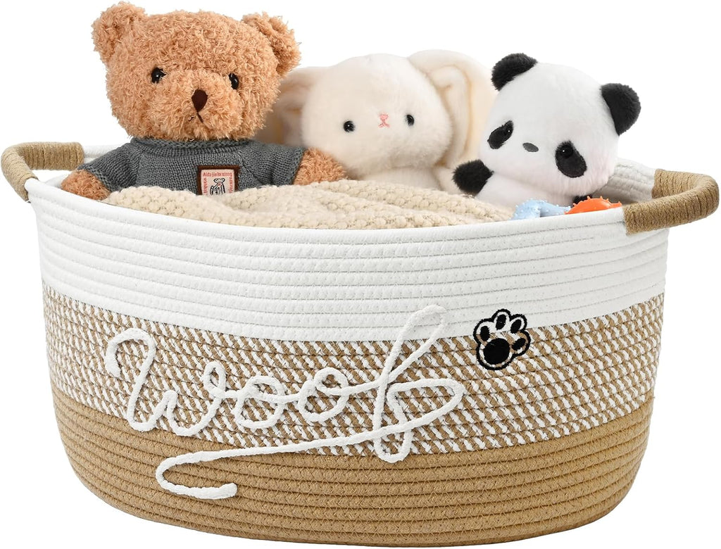 Woof Dog Toy Basket with Handles, Large Dog Toy Storage Bin with Paw Print, Woven Dog Basket for Blankets, Toys, Chews, Pet Toy Box for Nursery, Living Room, Bedroom, 20”x14”x9, Yellow