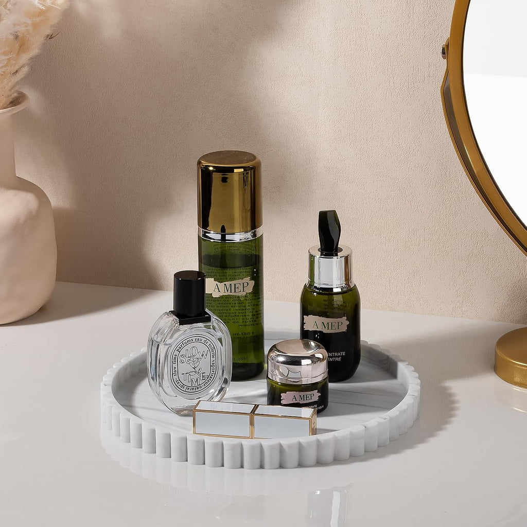 Round Bathroom Tray Perfume Organizer Coffee Table Decor, 9" Marble