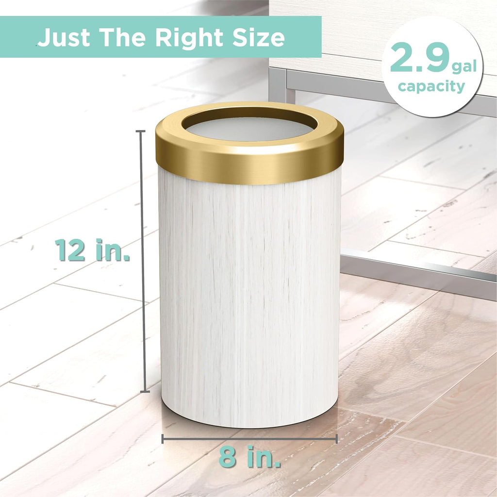 Gatco Small Bathroom Trash Can with Lid, Round 3 Gallon Wastebasket, Under Sink, White Oak with Brushed Brass, for Bathroom, Bedroom, Office (1932B)
