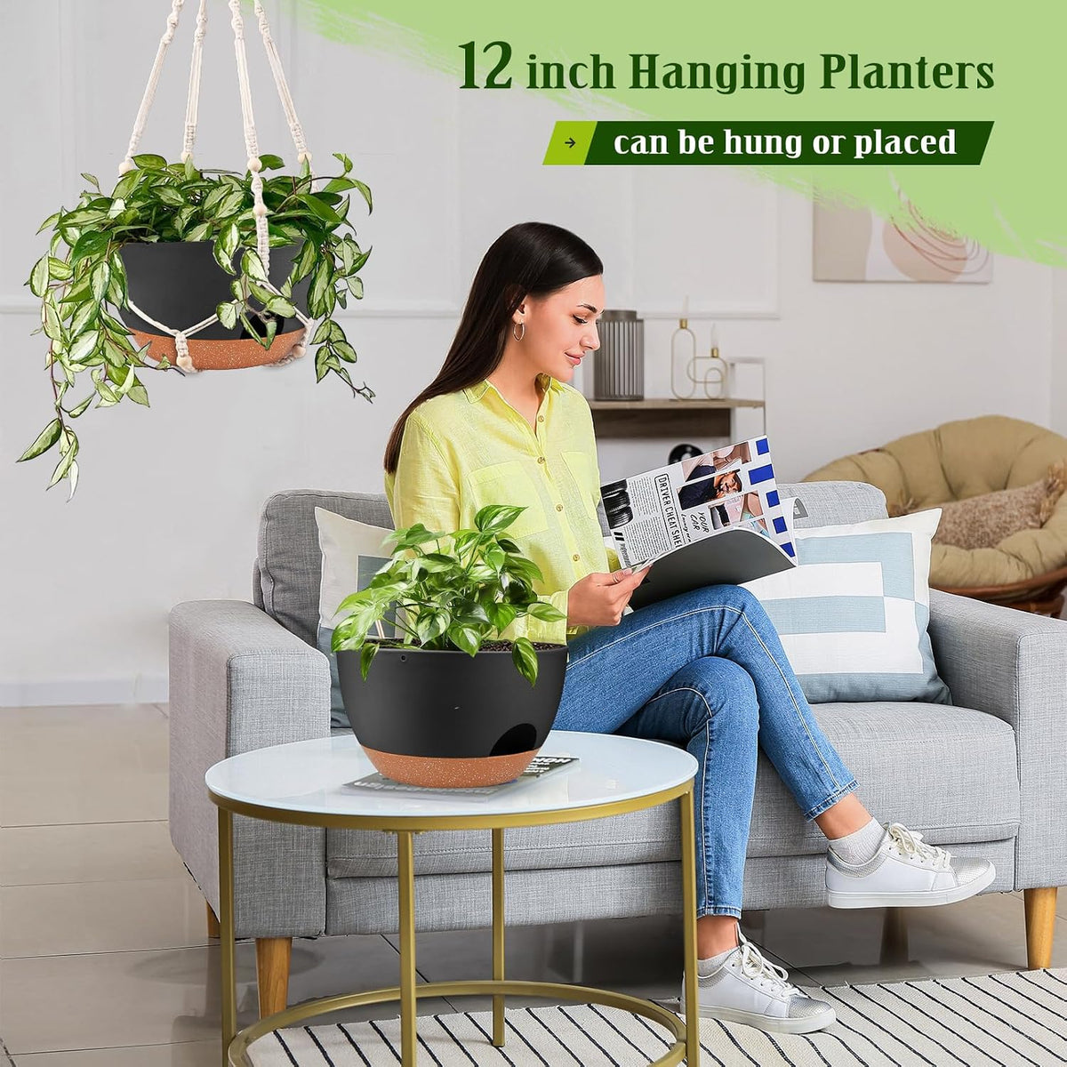 12 Inch Self Watering Hanging Planters with Removable Reservoir, 2 Pack