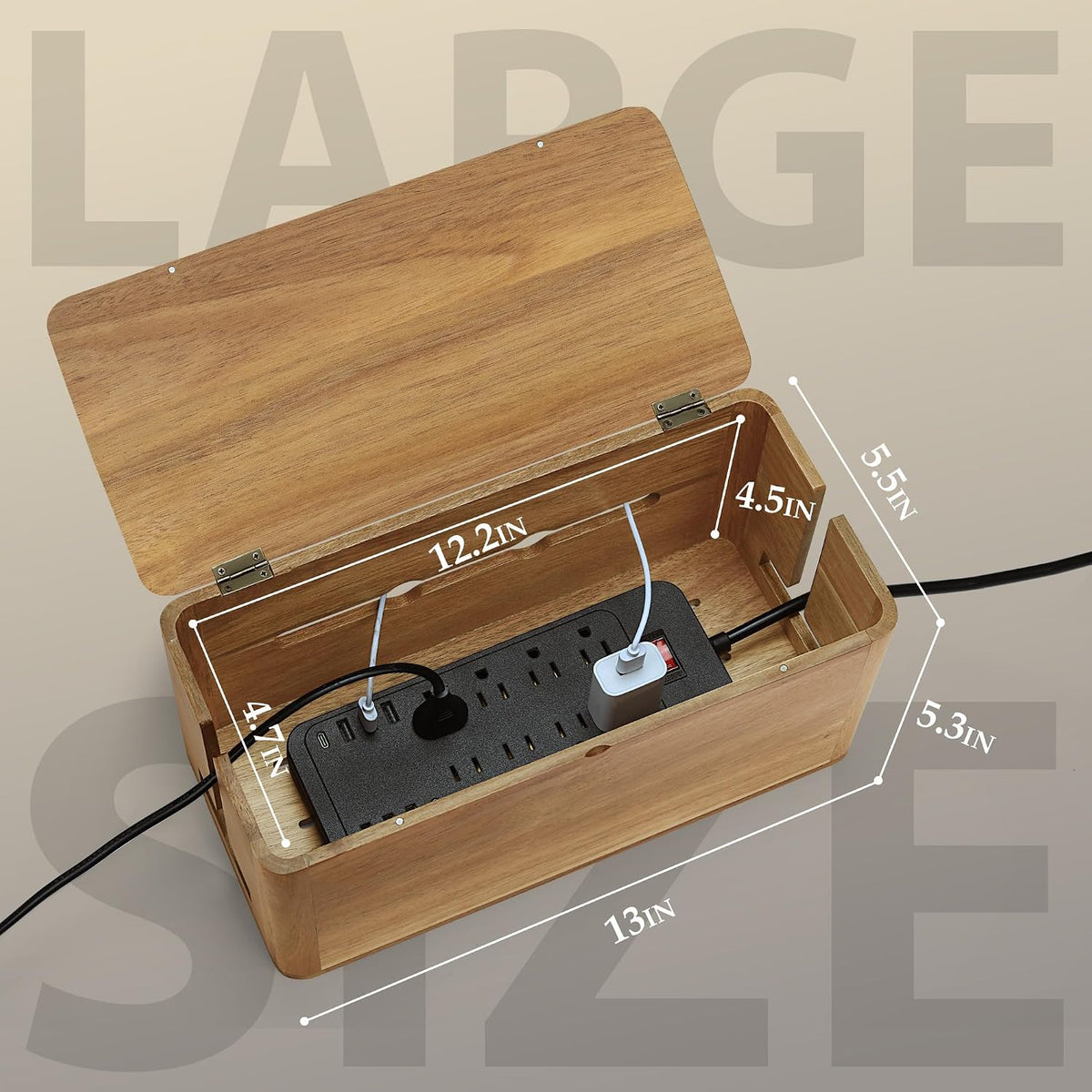 Acacia Wood Cord Management Box, Magnetic Lid, Hide Cable & Cord Organizer
