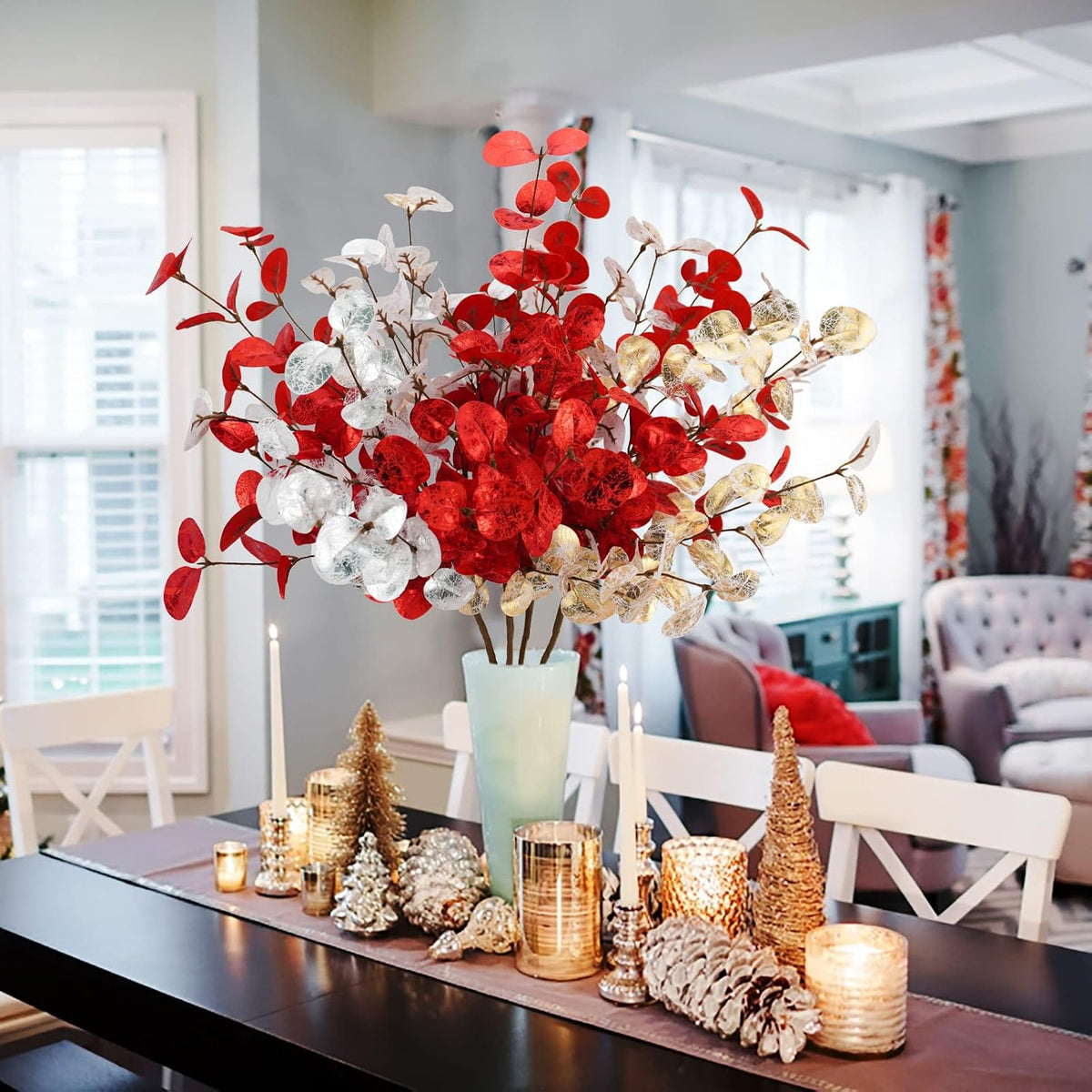 4Pcs Artificial Eucalyptus Leaves Stems 28‘’ Eucalyptus Branches Fake Christmas Flowers Decoration Eucalyptus Plant for Home Fireplace Holiday Wedding Xmas Tree Winter Décor