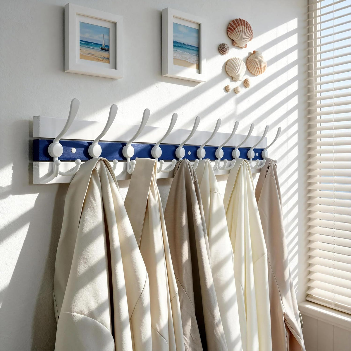 SKOLOO Coastal Wall Mounted Coat Rack - 38-1/8" Beach House Entryway Wooden Coat Hook with 10 Hooks for Hanging Coats, Hats or Towels, Oceanfront Cottage Core Collection, White & Blue