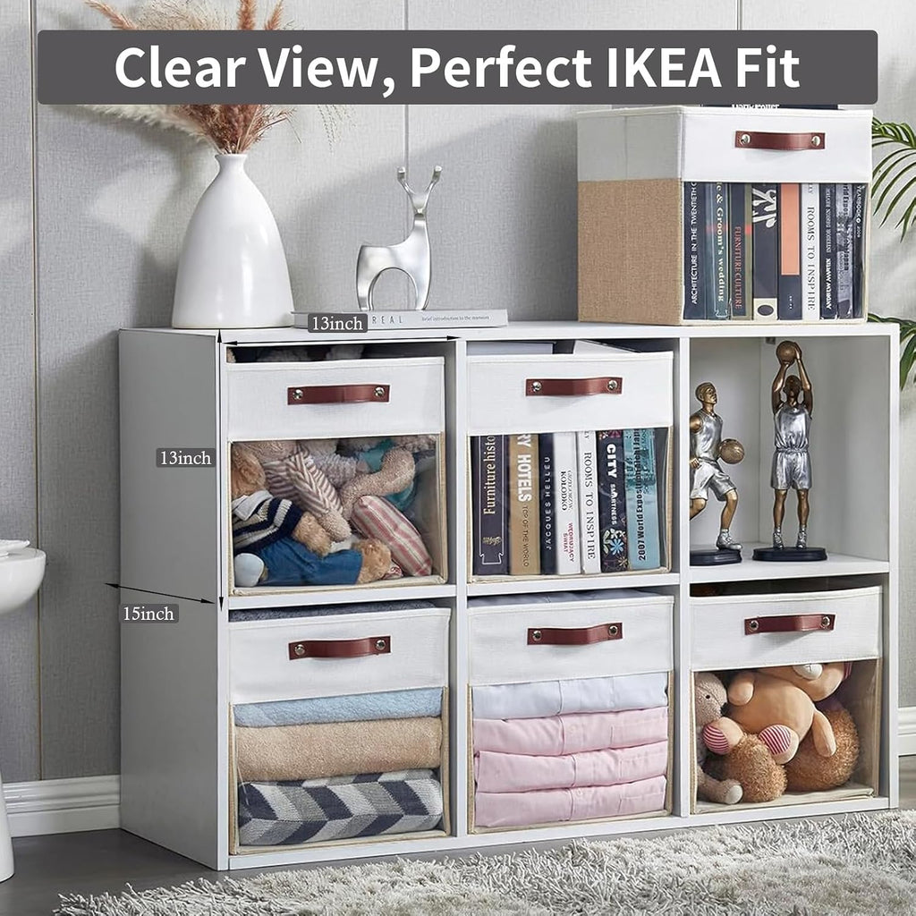 Bagnizer Storage Cubes, 4 Pack Linen Foldable Storage Bins with Clear Window and 2 Handles, 13x15x13 Storage Cube Bins for Shelf Closet, Kallax, Clothes, Books - (Beige / Off-White)