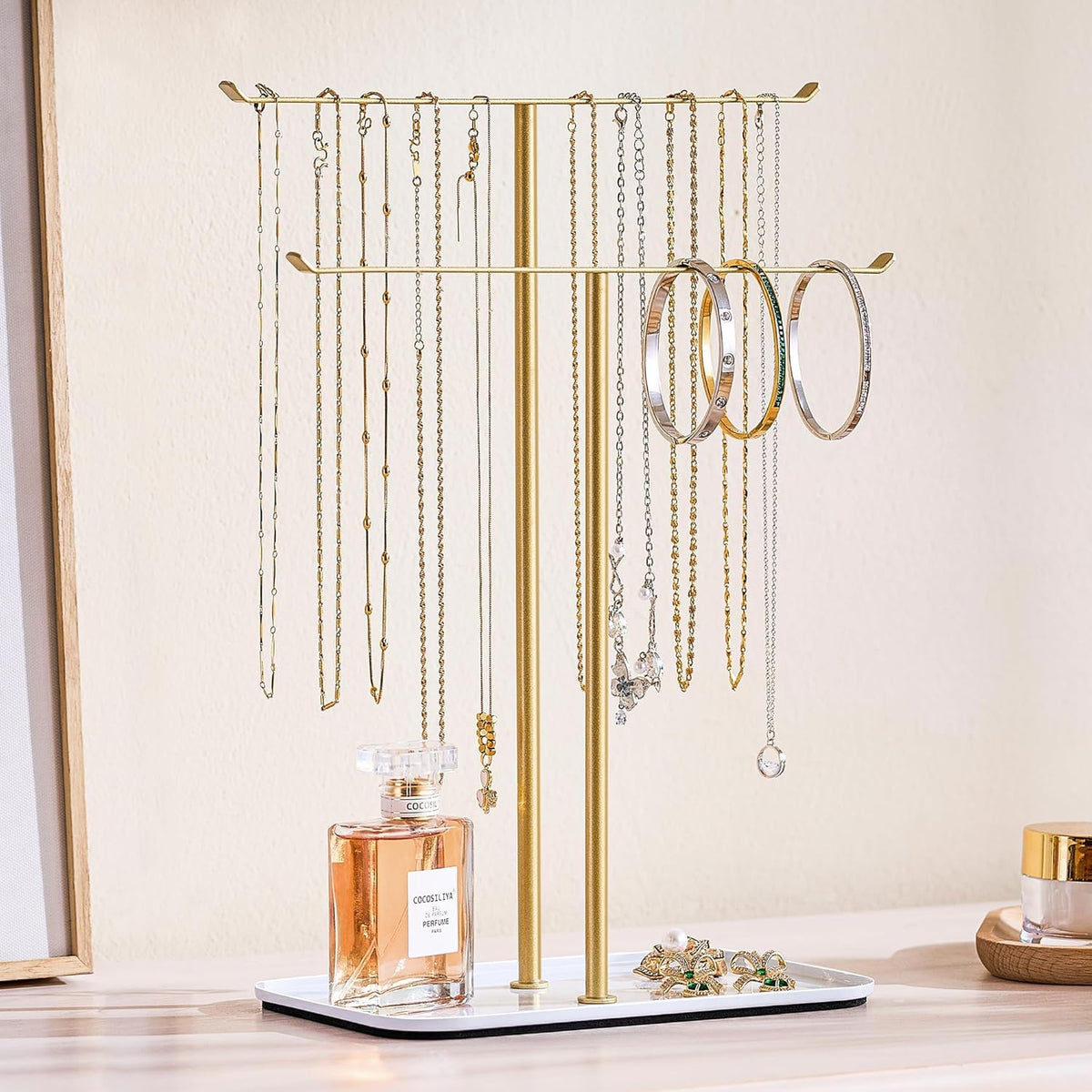 pickpiff Necklace Holder Jewelry Organizer Stand – 2‑Tier T‑Bar Jewelry Display Tree with Tray for Countertop Necklace Bracelet Earring Storage, Vanity Dresser Bathroom Sink, Gold