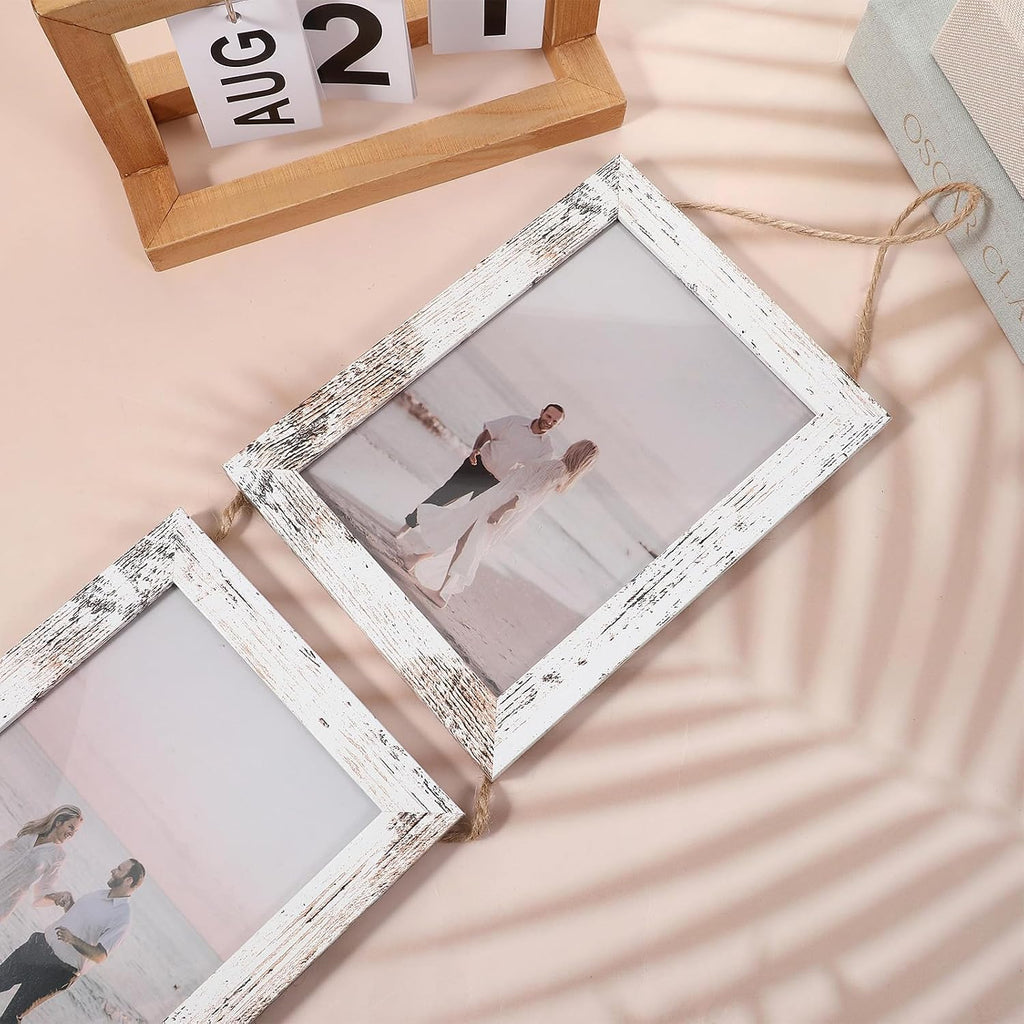4x6 Distressed White Hanging Collage Picture Frames Set of 2, 8 Openings Collage Photo Frames Rustic Wooden Real Glass Vertical Hanging（Distressed White）