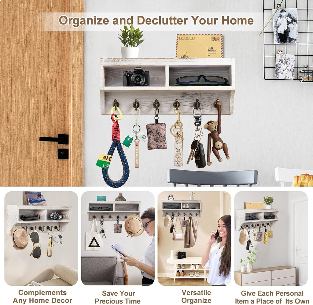 Key Holder Wall Mount with Mail Organizer, 6 Hooks & Shelf, White