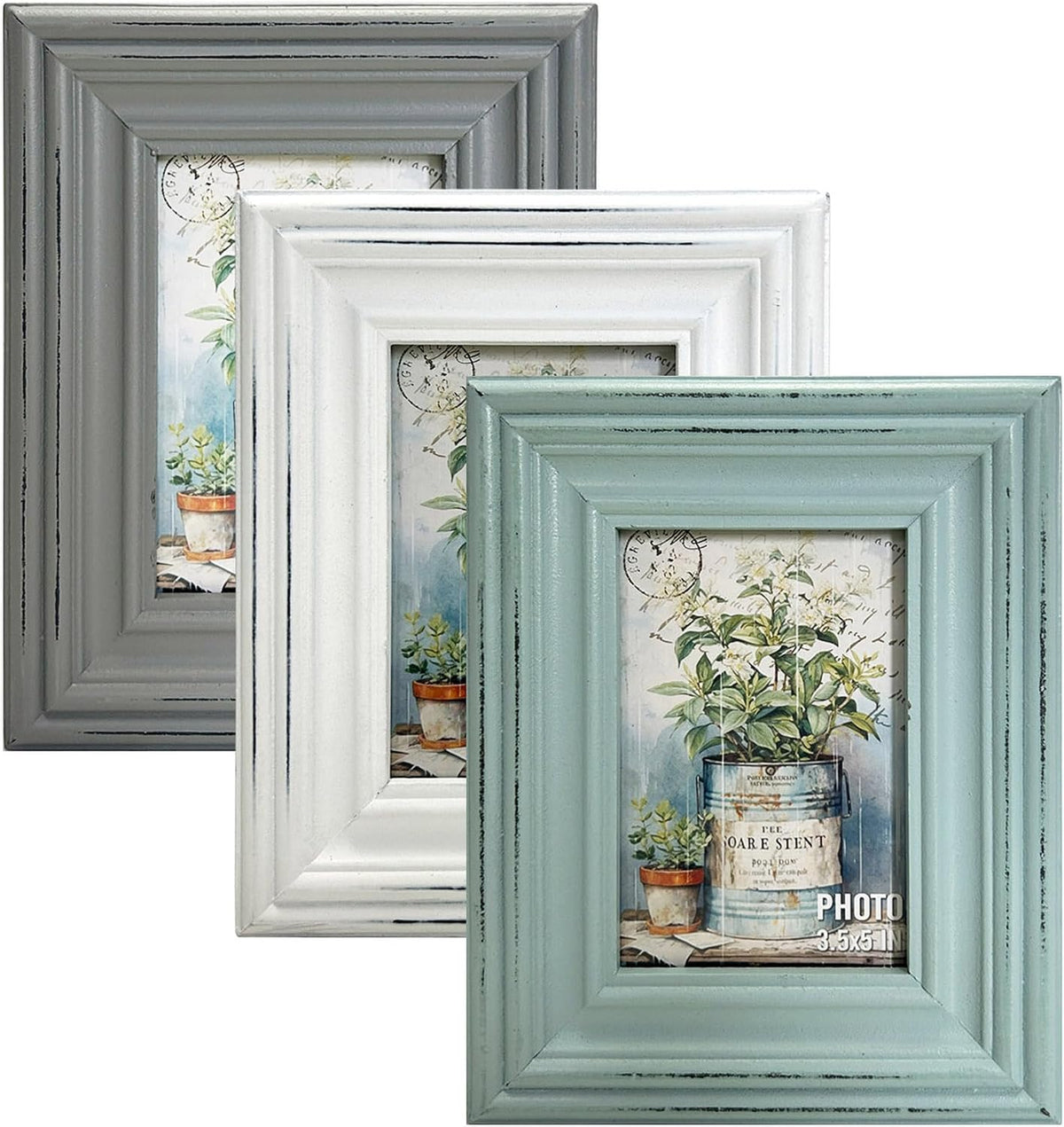 Distressed Shabby Chic 3.5"x5" Wooden Picture Frames 3pcs (Aqua Gray White)