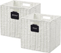 UBBCARE 2 Pack Wicker Basket, 10.5×10.5 Storage Cubes with Label, Foldable Cube Storage Bin with Handle, Square Storage Basket for Shelves, Woven Paper Rope Basket for Organizing, White