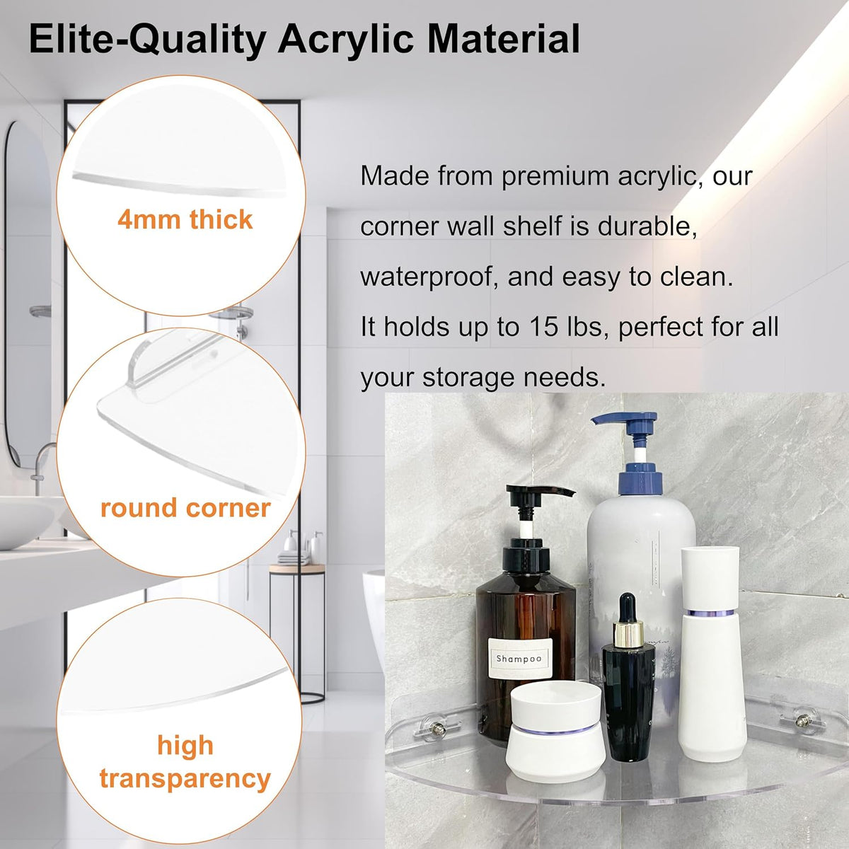 Adhesive Acrylic Corner Shower Caddy 1 Pcs