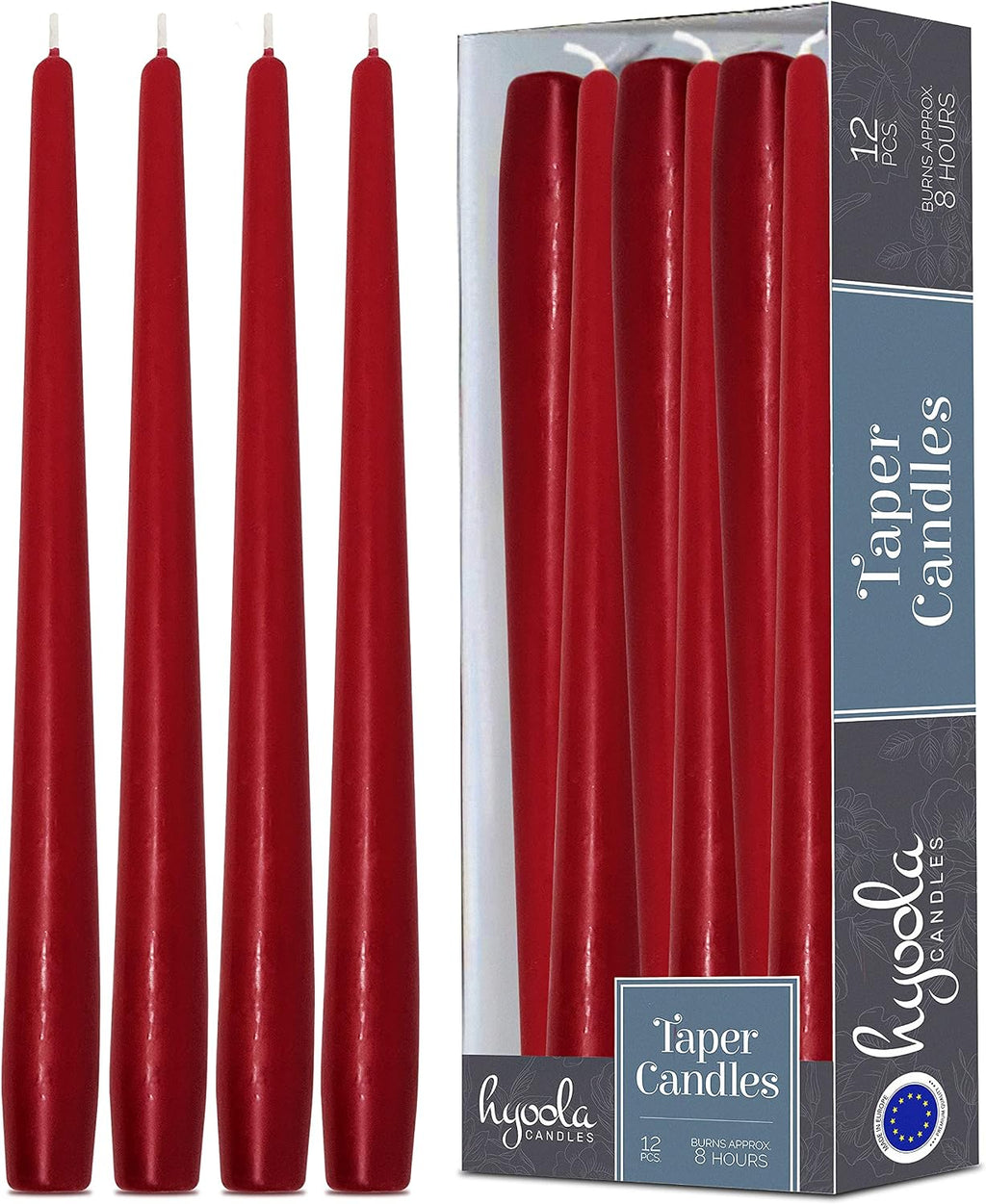 Hyoola Tall Taper Candles - 10 Inch Cherry Red Unscented Dripless Taper Candles - 8 Hour Burn Time - 12 Pack