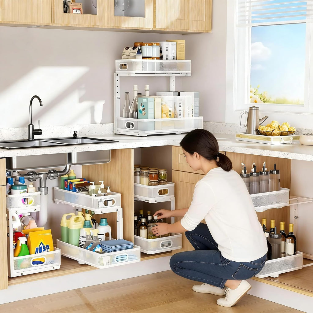 Under Sink Organizer 2 Pack, High Adjustable 2 Tier Under Sink Organizers and Storage, Slide out Metal Cabinet Organizers, Pull out Storage Drawer Shelf for Kitchen Bathroom Cabinet (White)