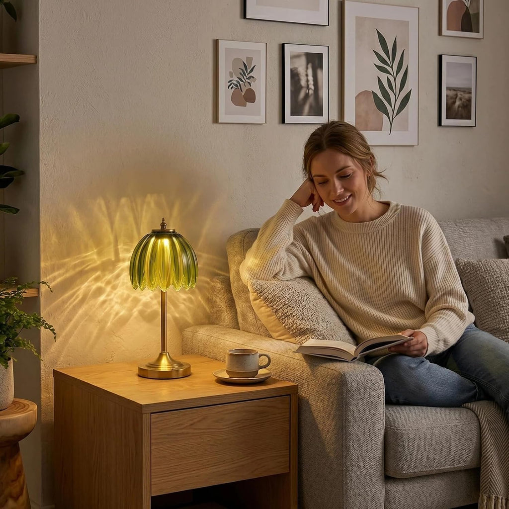 Glass Tulip Rechargeable Table Lamp, Cordless Flower Table Light -Green