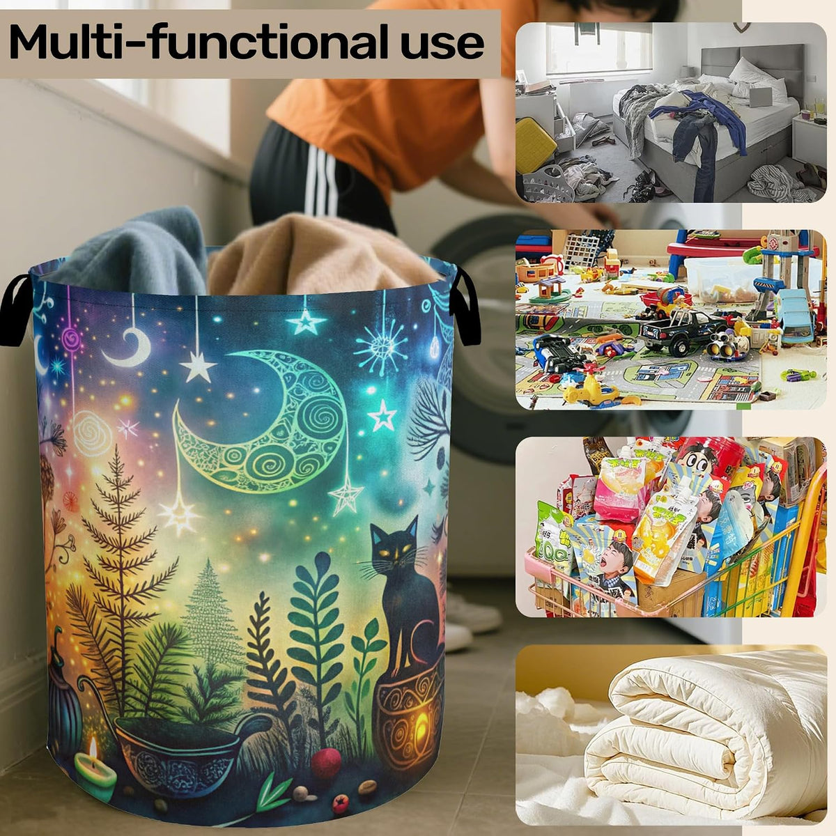 Gothic Black Cat Halloween Laundry Basket - Heavy Duty 60L Dirty Clothes Organizer, Water Resistant Foldable Hamper for Men Women