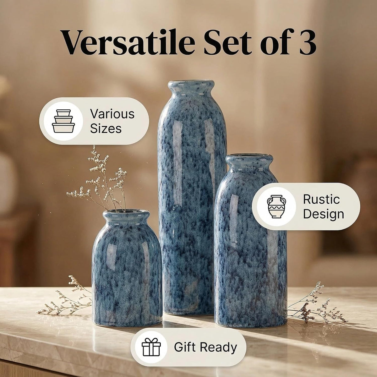 Blue Ceramic Vase Sets, Modern Farmhouse Country Flower Vases Home Decor