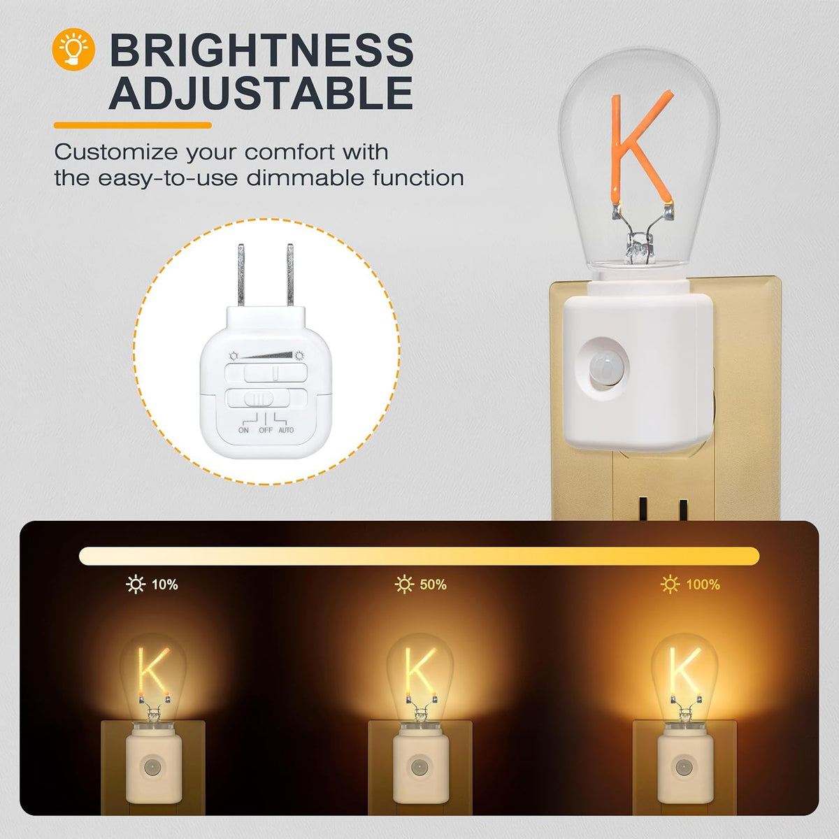 Night Lights Plug into Wall, Dimmable Night Light Pulg in, K-Type Night Lights with Motion Sensor, Adjustable Brightness 2200K LED Night Light for Bedroom Hallway, 2-Pack