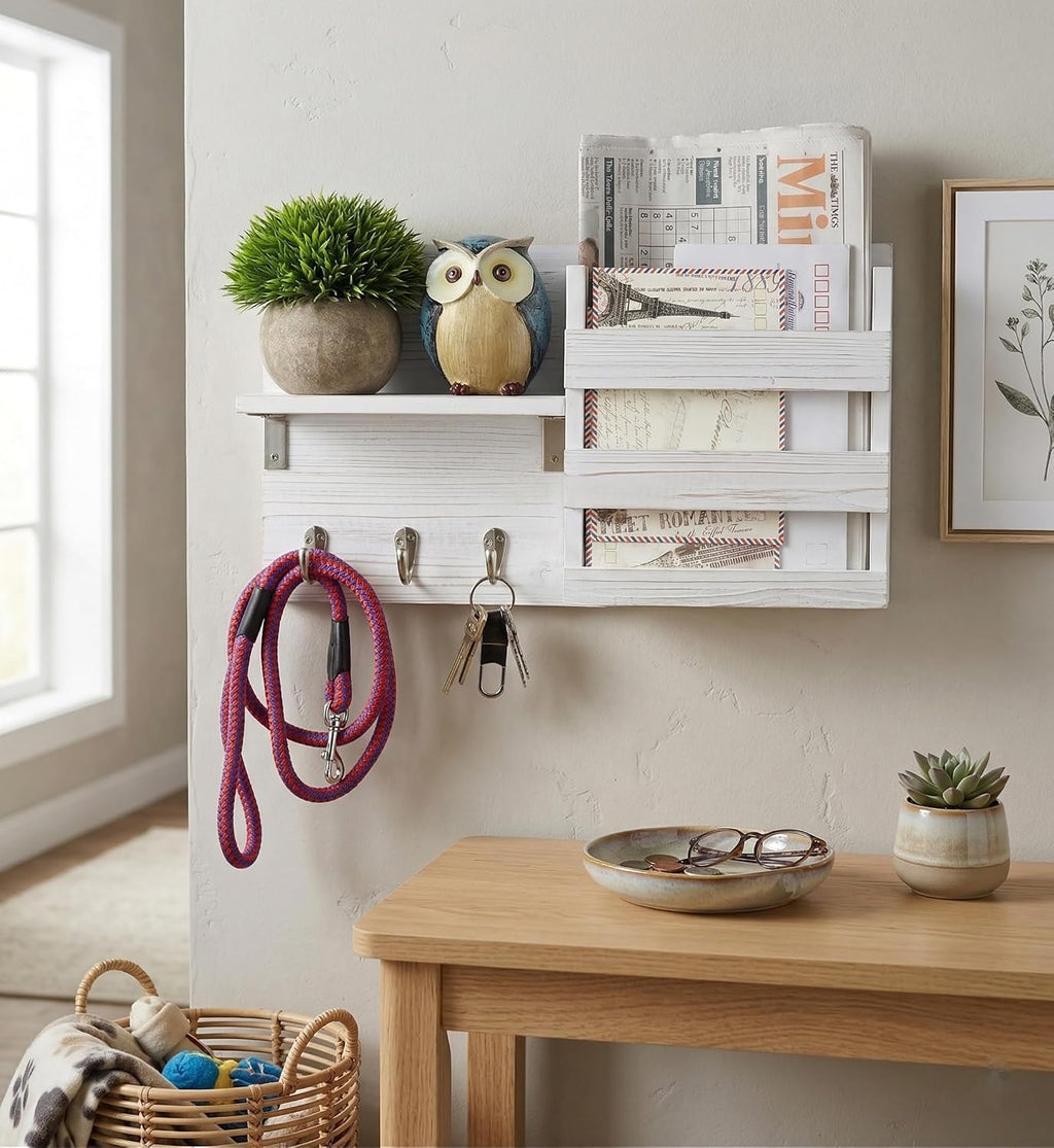 Wall-Mounted Key Hooks Holder and Mail Sorter - Rustic Wood White - Entryway Organizer for Letters, Leashes, and Purses - Floating Shelf, 16.5” W x 9.75" H x 4.5” D