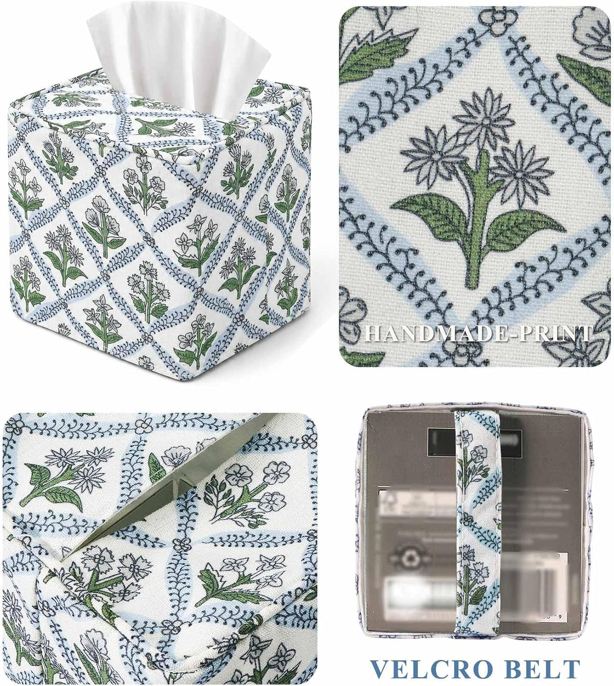 Livelab Cotton Handmade Print Tissue Box Cover – Fabric Decorative Square Napkin Holder, Stylish Tissue Case Facial Paper Cube Cover for Your Home, Officce, Car, Bathroom | Green Flower