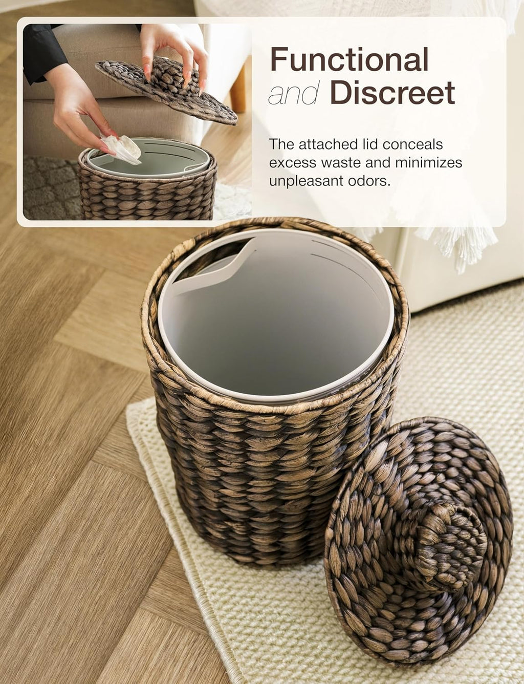 Tidita Wicker Trash Can with Lid, Wicker Waste Basket 1.5Gallon,Black Color