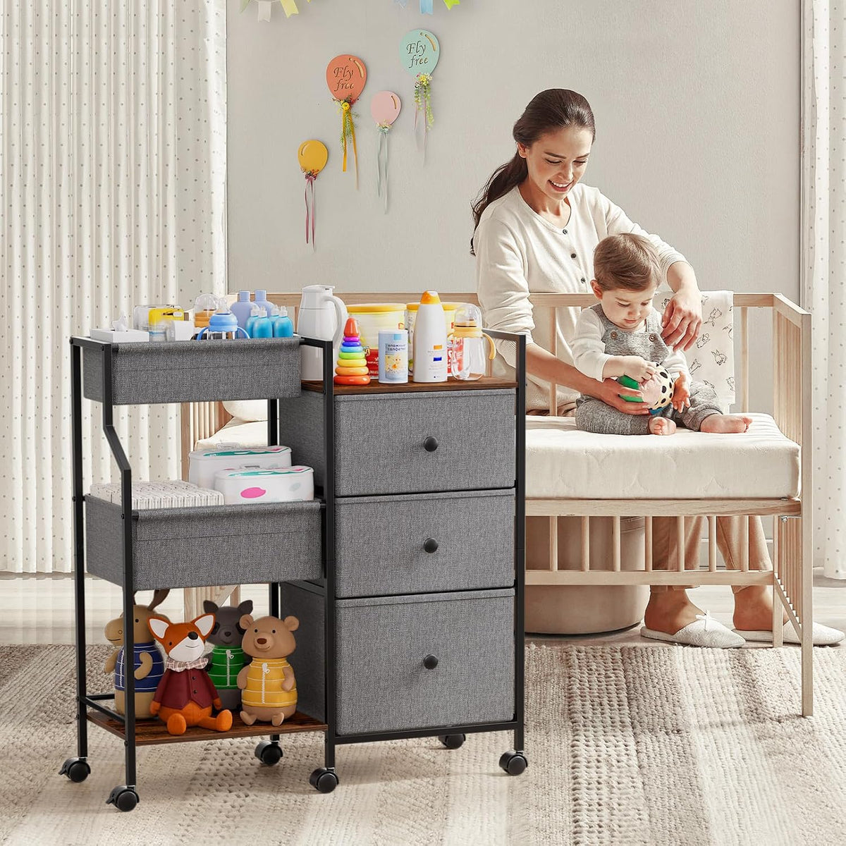 Modanais Baby Diaper Caddy Organizer Rolling Cart with Dividers and Drawers