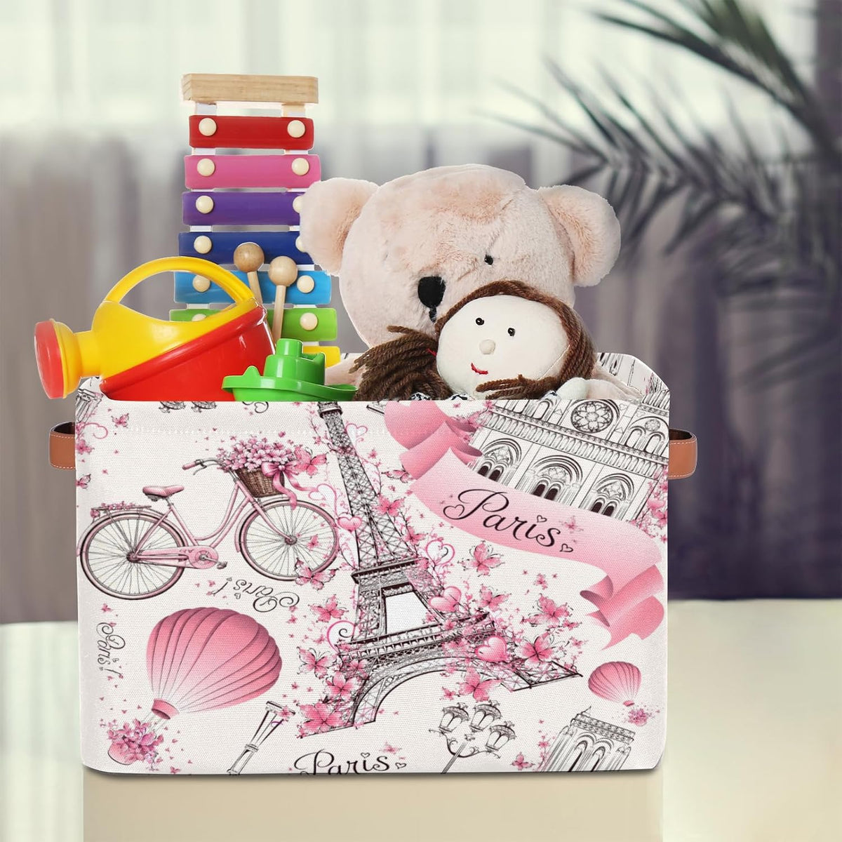 Storage Basket Floral Paris Eiffel Tower, Large Foldable Organizer Storage Bins for Shelves, Sturdy Canvas Cubes Storage Boxes with Handles for Toys Closet Nursery Office Living Room 15" x 11" x 9.5"