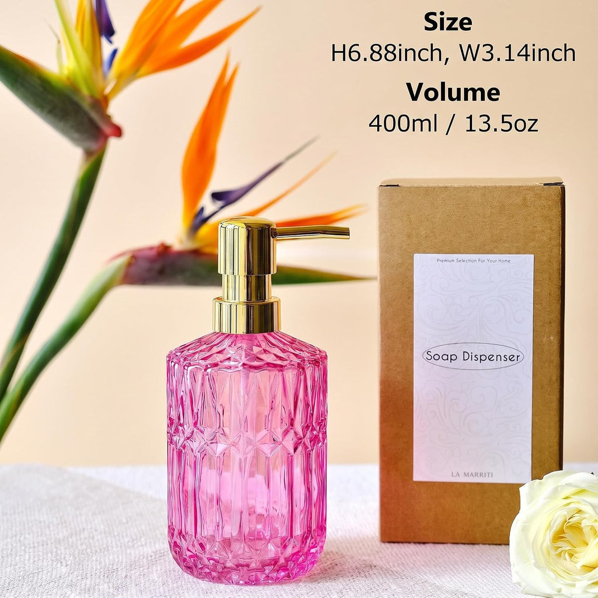 LaMarriti Pink Glass Soap Dispenser with Gold Rust Proof Pump, Refillable Thick Glass Kitchen Soap Dispenser, Lotion Dispenser Bathroom for Hands Soap, Dish Soap, Body Wash