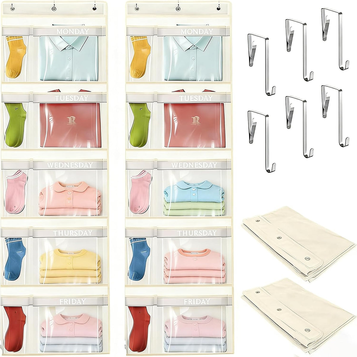 Weekly Kids Clothes Organizer Day of Week School Clothing Storage Monday to Friday Hanging Closet Organizer (2) (Yellow 2pcs)