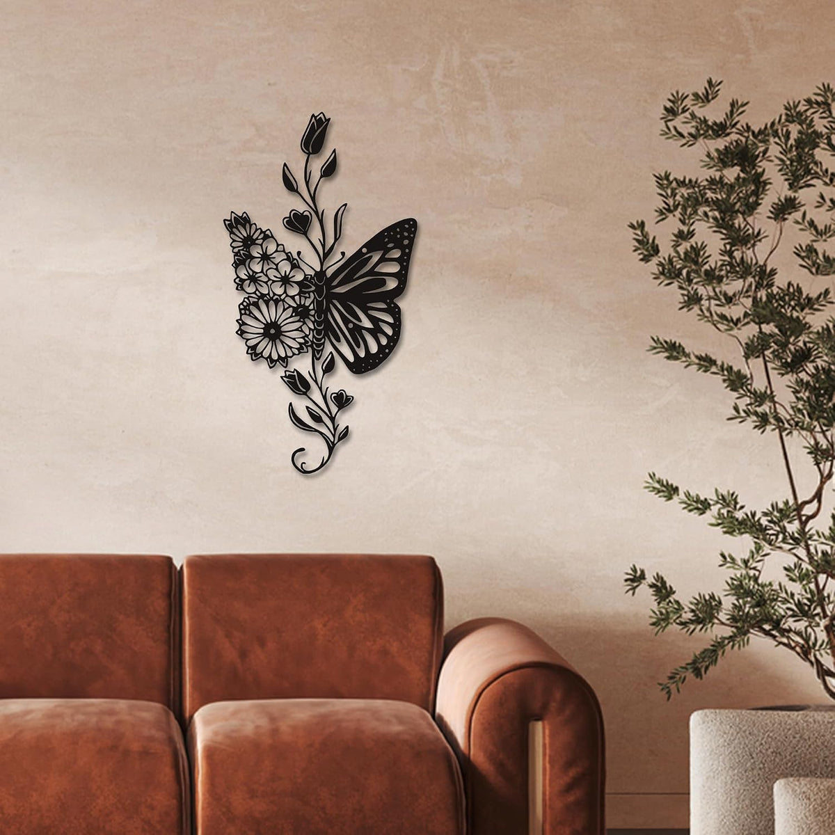 Rajukit Butterfly Flower Metal Wall Art Black for Living Room