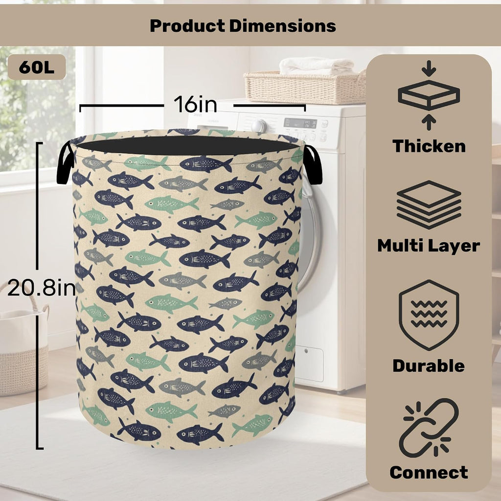 Cute Japanese-Style Fish Foldable Laundry Hamper - Waterproof Fabric Storage Basket with Handles, Clothes Hampers for Laundry,Bedroom,Dorm