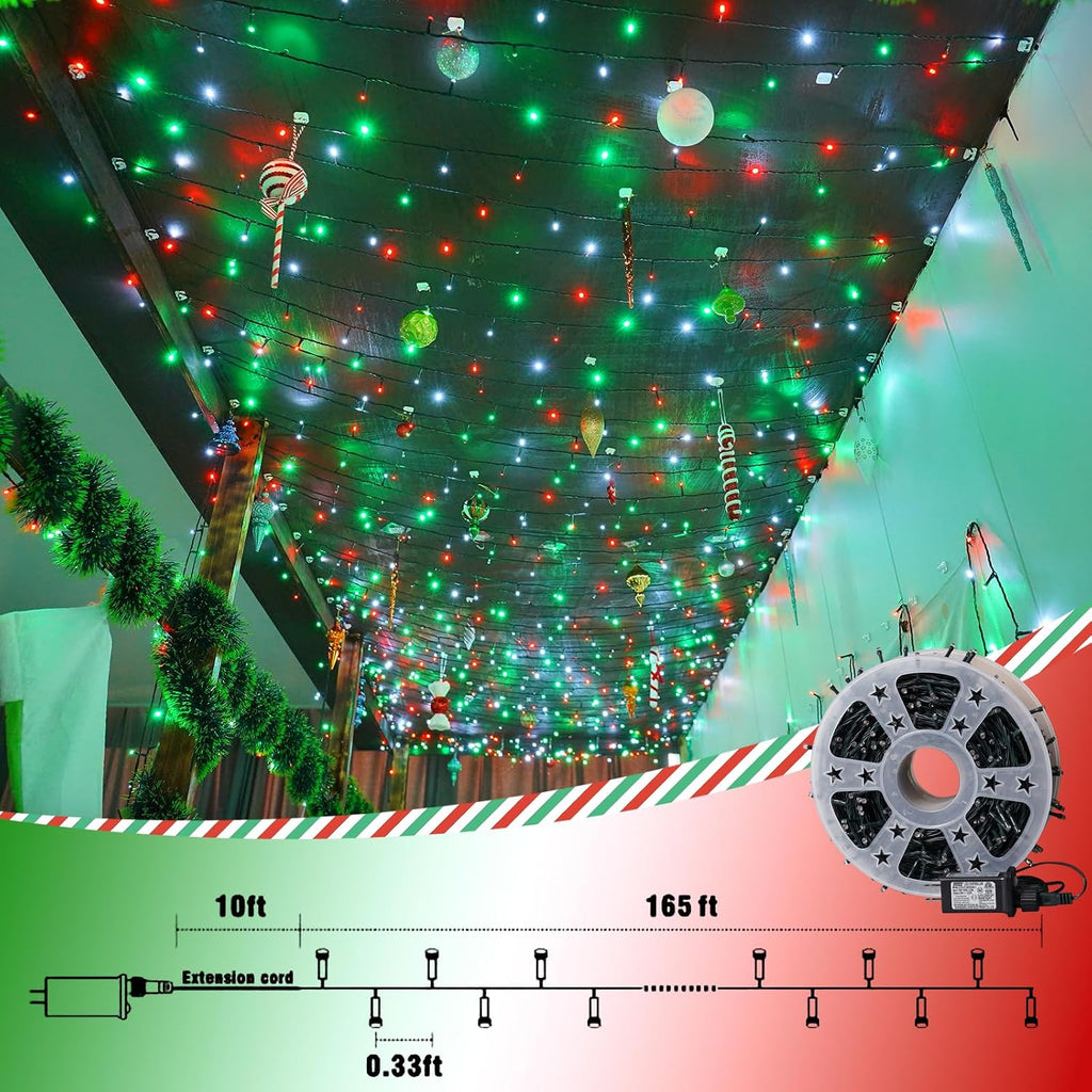 QITONG 165ft 500 LED Red White and Green String Lights, 8 Modes Twinkle String Lights Outdoor Waterproof, Green Wire Christmas Tree Lights Plug in Indoor