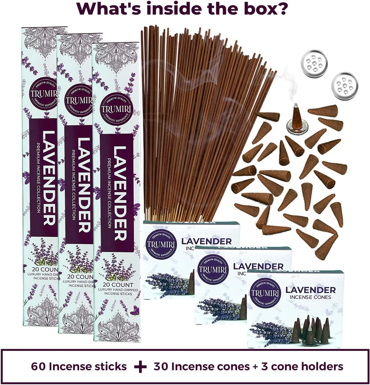 Lavender Incense Sticks & Incense Cones Combo Pack - 60 Insence-Sticks + 30 Insence Cones - Inscense - Incense Cones Scented - Insents