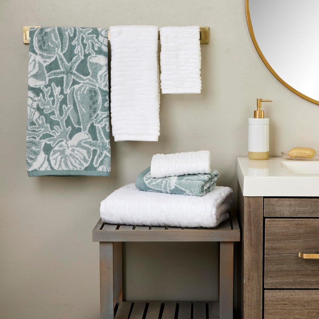 SKL Home CloudSoft/South Seas Shell Bath Towel Set-6pc, Coastal, White/Teal