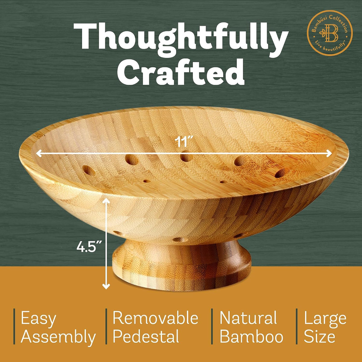 Wooden Fruit Bowl for Kitchen Counter, Bamboo Pedestal Fruit Basket, Vented