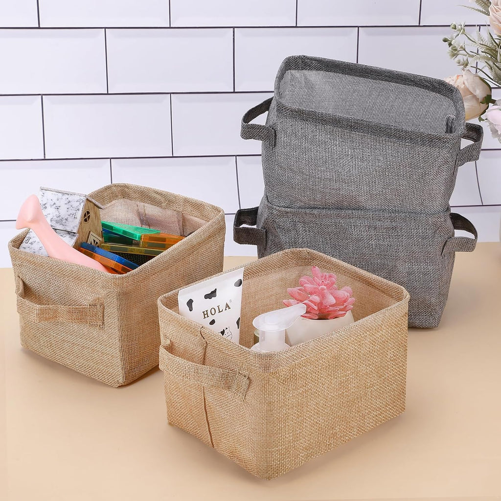 AARAINBOW Storage Basket Bins Canvas Mini Storage Cubes Storage Basket for Makeup, Baby Toys Liners, Books Nursery Storage Baskets with Handles for Shelves & Desks(3 Jute)
