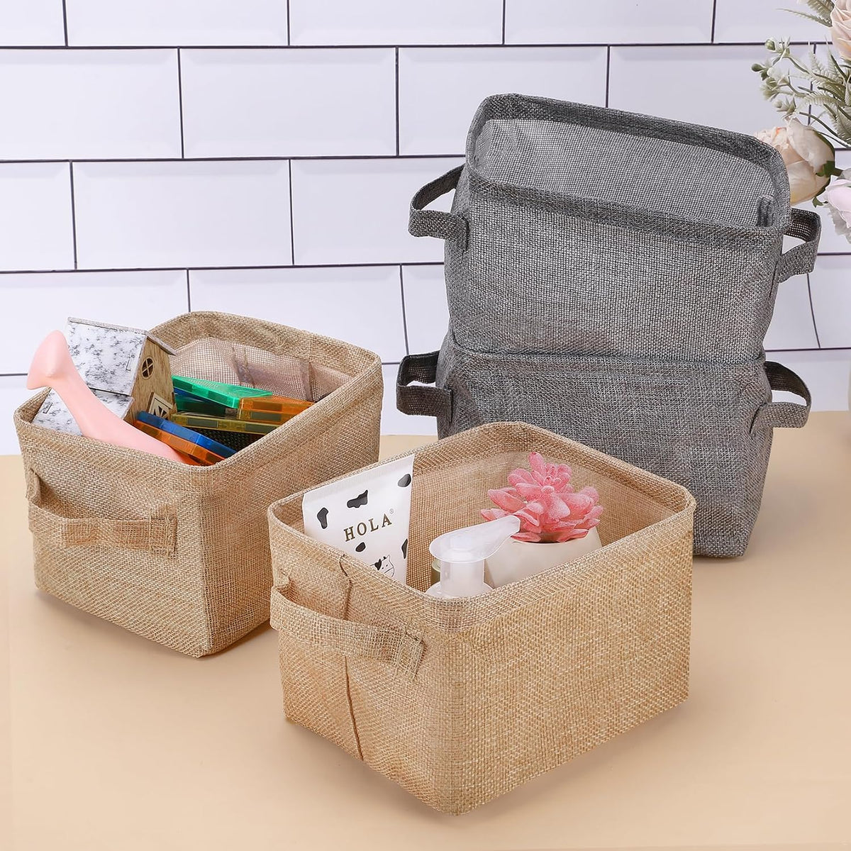 AARAINBOW Storage Basket Bins Canvas Mini Storage Cubes Storage Basket for Makeup, Baby Toys Liners, Books Nursery Storage Baskets with Handles for Shelves & Desks(3 Jute)