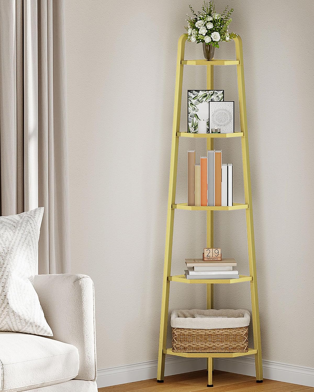 CHOEZON 5-Tier Corner Shelf, 59.6” Corner Storage Stand, Floorstanding Dispaly Rack, Tempered Glass Corner Bookshelf, Open Plant Stand, for Living Room, Bedroom, Study, Bathroom, Gold TCJ21GJ